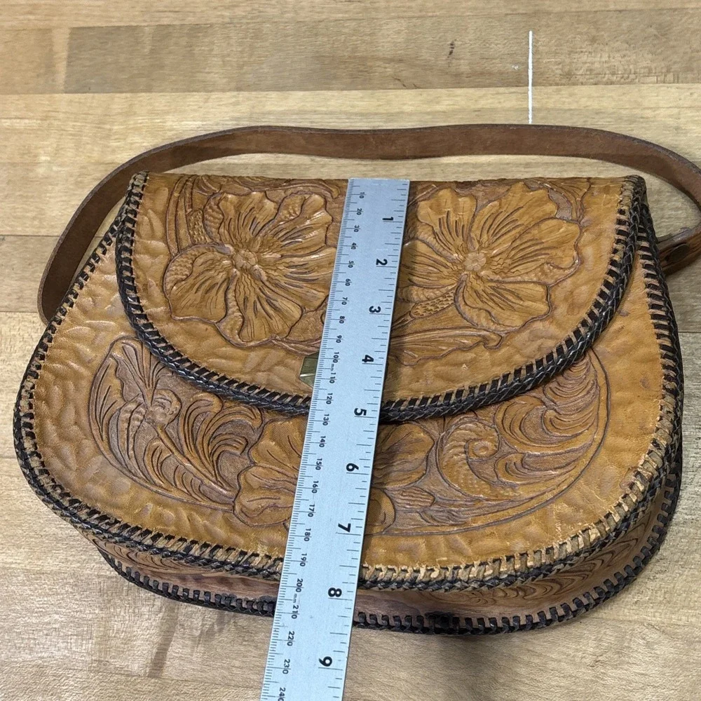 Vintage DCH Hand Tooled Leather Purse Floral Western Whipstitch Shoulder Bag